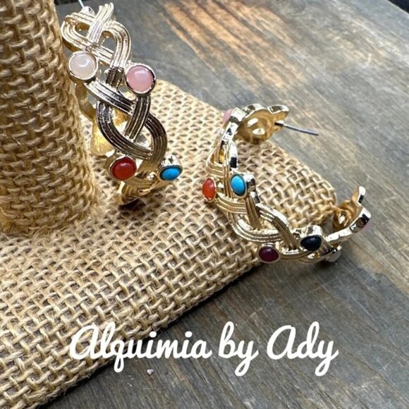 Gold multi stone chunky maximalist 14k gold plated hoops - Picture 2 of 3